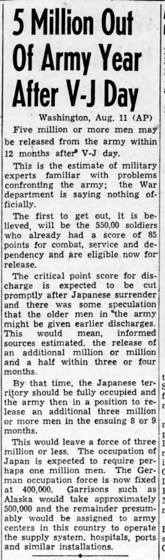 5 million out of army year after V-J Day